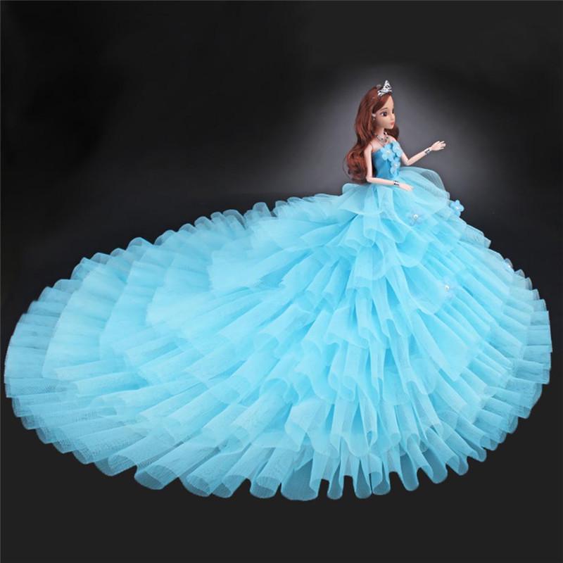 Princess Elegant Drag Tail Wedding Dress +Veil + Bow Hair Clip for 30cm Doll Clothes Kid DIY Toy Girls Gift Accessories