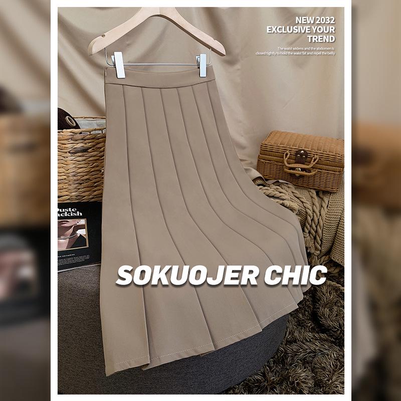 Högkvalitativ medellång plisserad A-linjeformad kjol med resår i midjan för kvinnor - Mångsidig höst/vinterstil