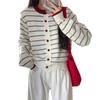 Cross-border New Striped Crew Neck Color-blocking Design Loose Long-sleeve Knit Jacket for Women, Simple Buttoned Sweater Jacket
