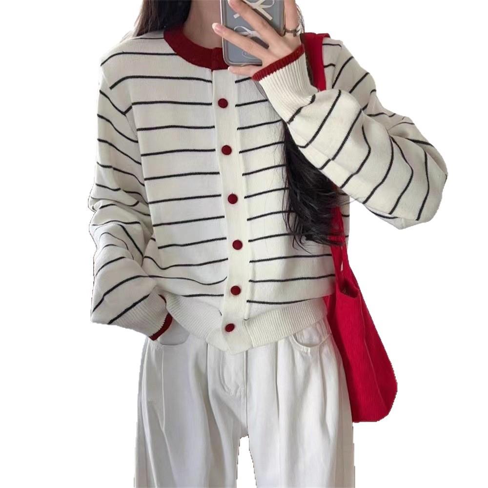 Cross-border New Striped Crew Neck Color-blocking Design Loose Long-sleeve Knit Jacket for Women, Simple Buttoned Sweater Jacket