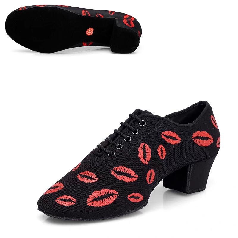Lip Print Latin Dance Shoes Women Oxford NET Cha Cha Dance Shoes Ballroom Dancing Shoes Mesh Sneakers Canvas Square Shoe Woman
