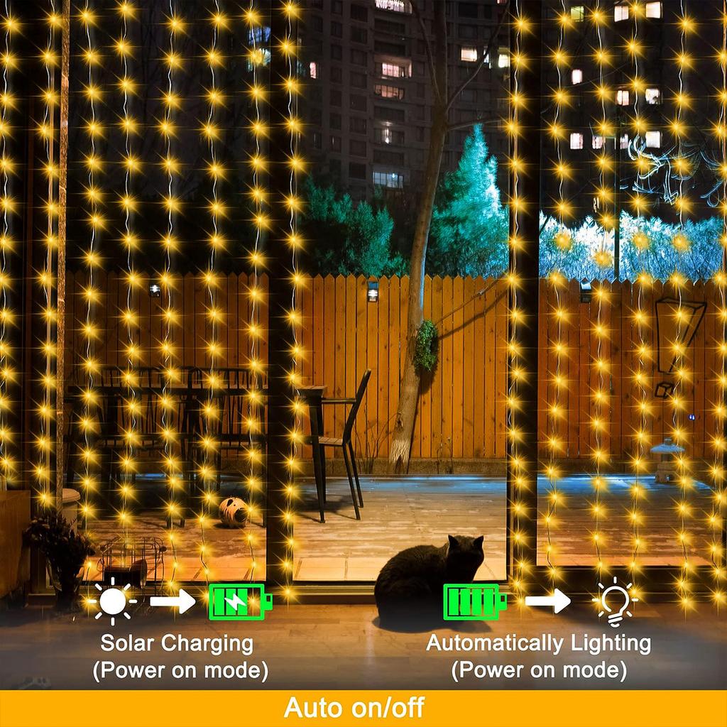 1 Pack 300 LED Solar Curtain Light Outdoor, 8Modes, Fairy Lights, IP44 Waterproof,Garden Wall Christmas Decor 9.8Ftx9.8Ft