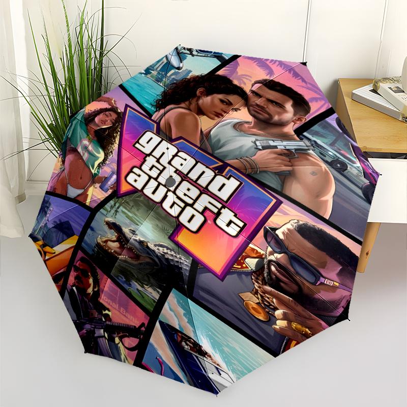 Game Grand Theft Auto Print Automatic Umbrella, 8 Rib Iron Frame, Plastic Handle, Suitable for Outdoor Travel &Daily , Ideal Gift