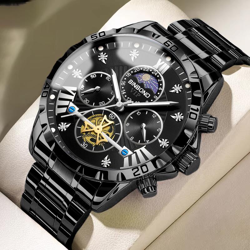 BINBOND Trend Fashion Men Watches Fine Steel Original Brand Quartz Wristwatch for Man Flywheel Chronograph Moon Phase Waterproof