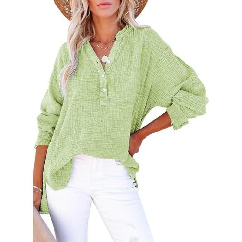 Fashion Long Sleeved Spring Autumn Office Women Shirt Plus Size Pleated Buttons Solid Color Tops Elegant V Neck Casual Simple Blouse Loose Clothing
