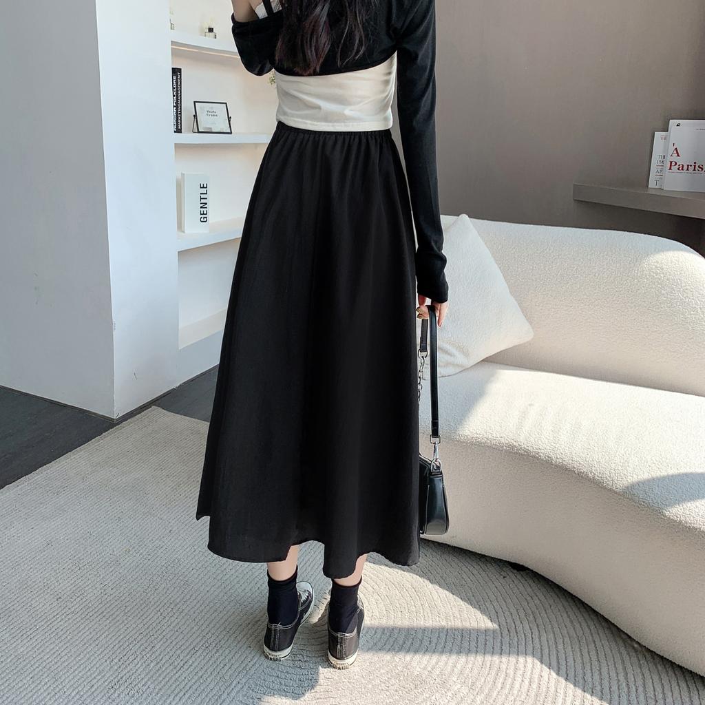 Women's Black Elastic High-Waist Slimming A-Line Umbrella Midi Skirt - Classic Flared Silhouette for All Occasions