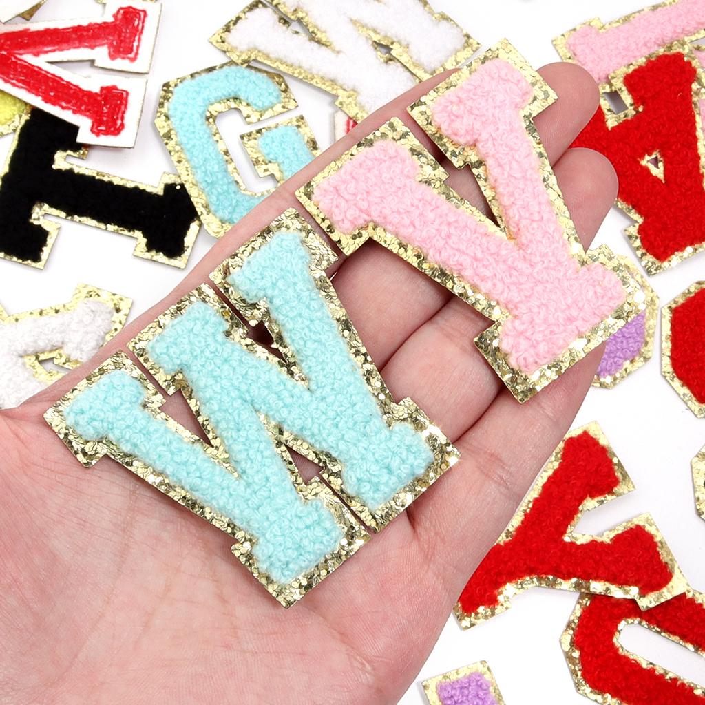 26Pcs/Set 6cm English Letter Patches Gold Edged Chenille Patches Iron On Stickers For DIY Crafts Clothing Hat Bag Decoration