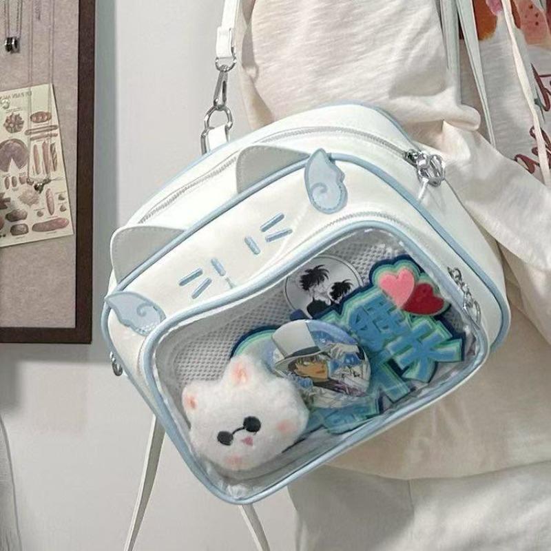 New Street Trend Horizontal Square Messenger Bag Women's Transparent Cat Ear Mobile Phone Bag Double Shoulder Strap Zipper Open Lid