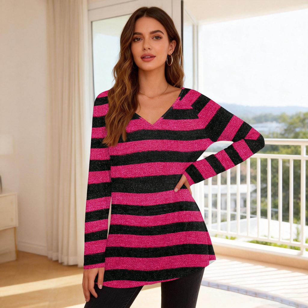 Women's Fashionable Casual Long-Sleeved Striped Print V-Neck Mid-Length Top