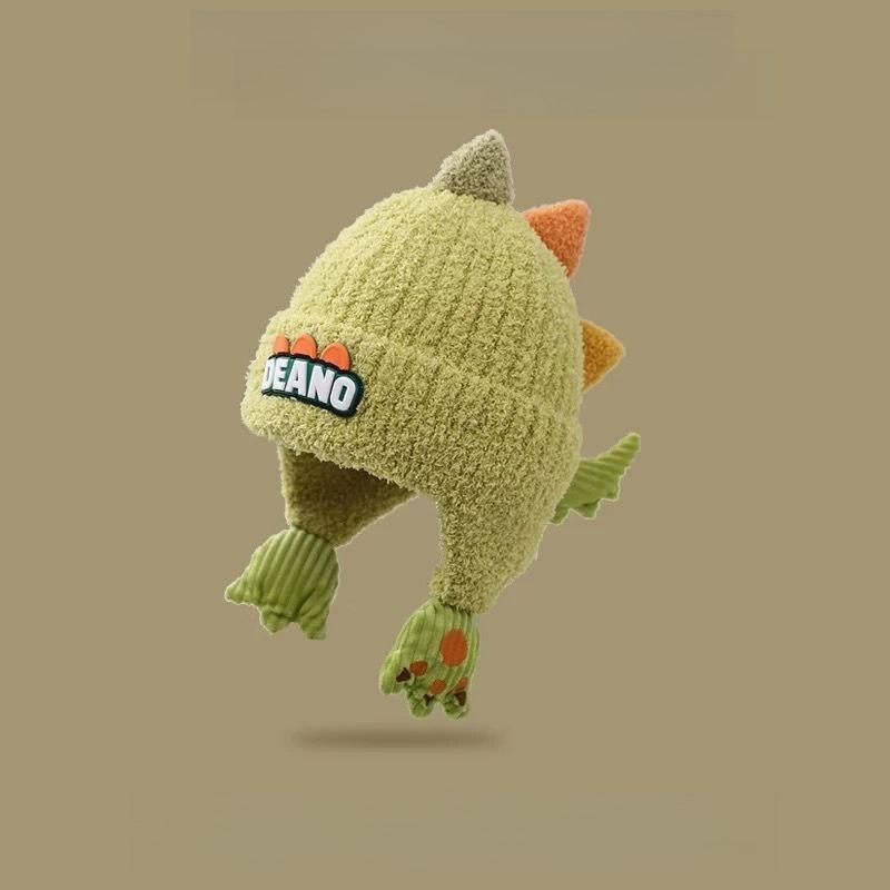 Winter Kids' Thickened Ear-Warming Windproof Fleece-Lined Beanie Cute 3D Dinosaur Knit Beanie