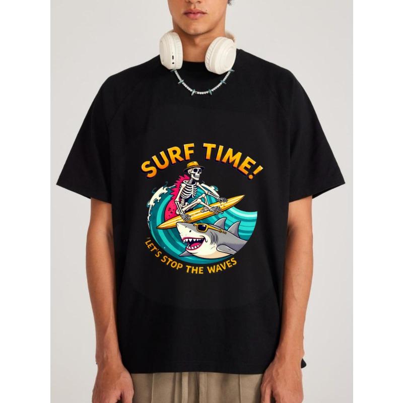 

Футболка Surf Time Белый скелет серфинг акула дизайн с текстом Surf Time Давайте остановим волны Летняя пляжная повседневная одежда XXXXL чёрный