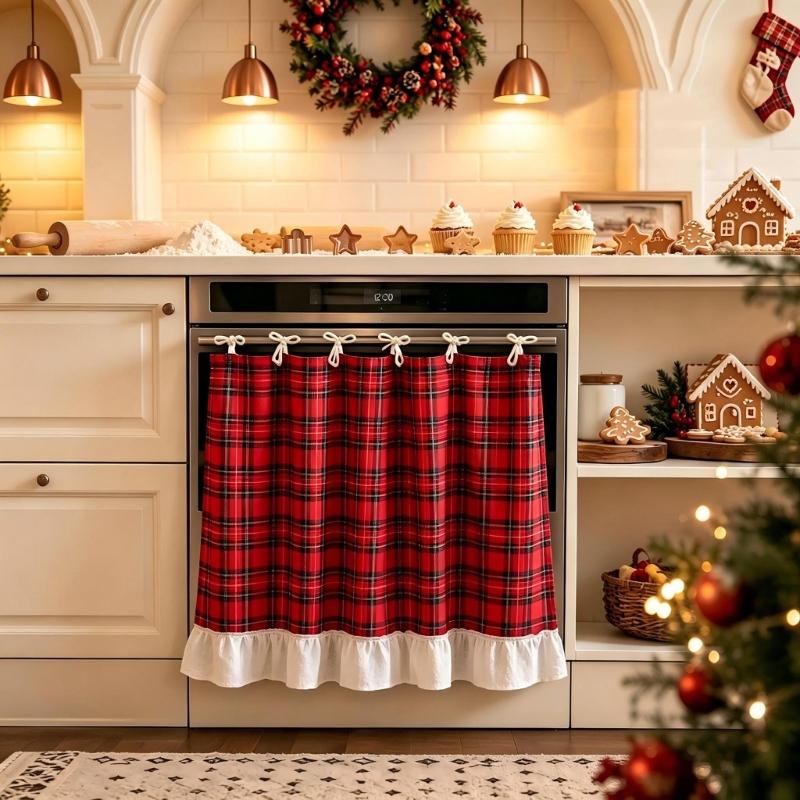 Red Patterned Oven Door Curtain Tie-On Fabric Kitchen Skirt with Ruffled Border for Cabinets Dishwasher Christmas Decoration