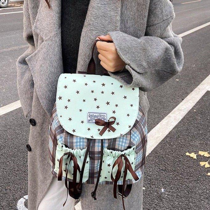 Schoolbag Harajuku College Style Ribbon Bow Japanese Strap Backpack Fashion Star Double Pocket Large Capacity Hong Kong Style Backpack