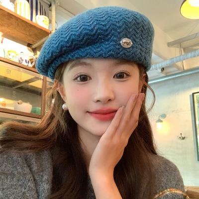Peacock Blue Knitted Beret Hat Women's Face Revealing Small Big Head Circumference Versatile Autumn and Winter Painter Hat