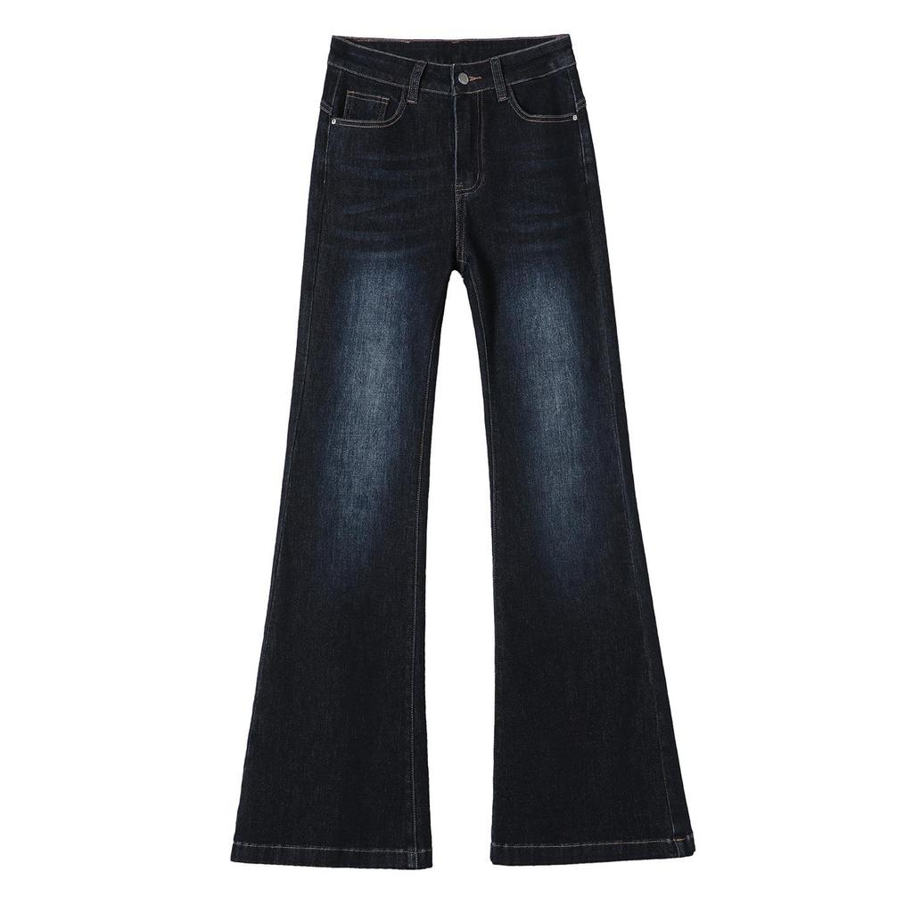 Women's Deep Sea Blue Micro-Flare Jeans - 2025 Autumn Fashion, Slim Fit, Floor-Length