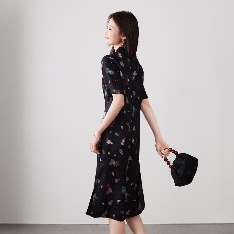SOFSIL Retro Print Stand Collar Black Dress