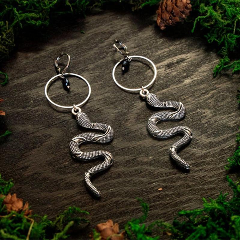 

Exquisite Gothic Silver Color Snake Shape Large Circle Black Teardrop-shaped Crystal Tassels Dangle Earrings for Women Jewelry