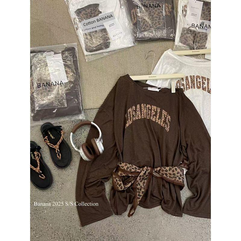 

American Fashionable Leopard Print Letters Print off-the-Shoulder Sun Blocking Long sleeves Shirt Women Large Version Breathable Thin Top Trendy Curry color L