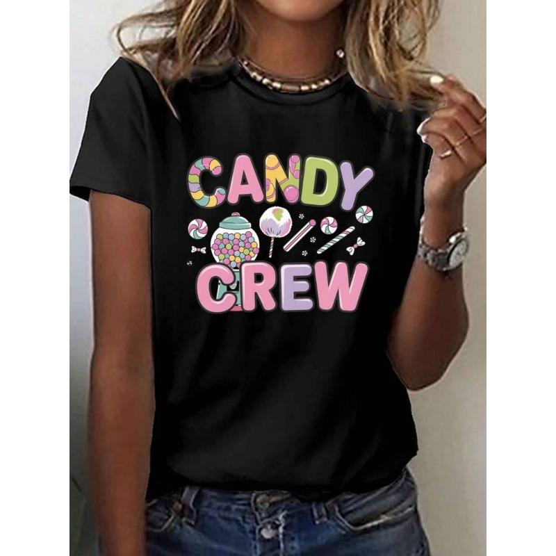 

European sizes Women S Casual T-Shirt with a Candy Style Design, Featuring Geometric Patterns, a Round Neck, Short Sleeves, And Regular Length S чёрный