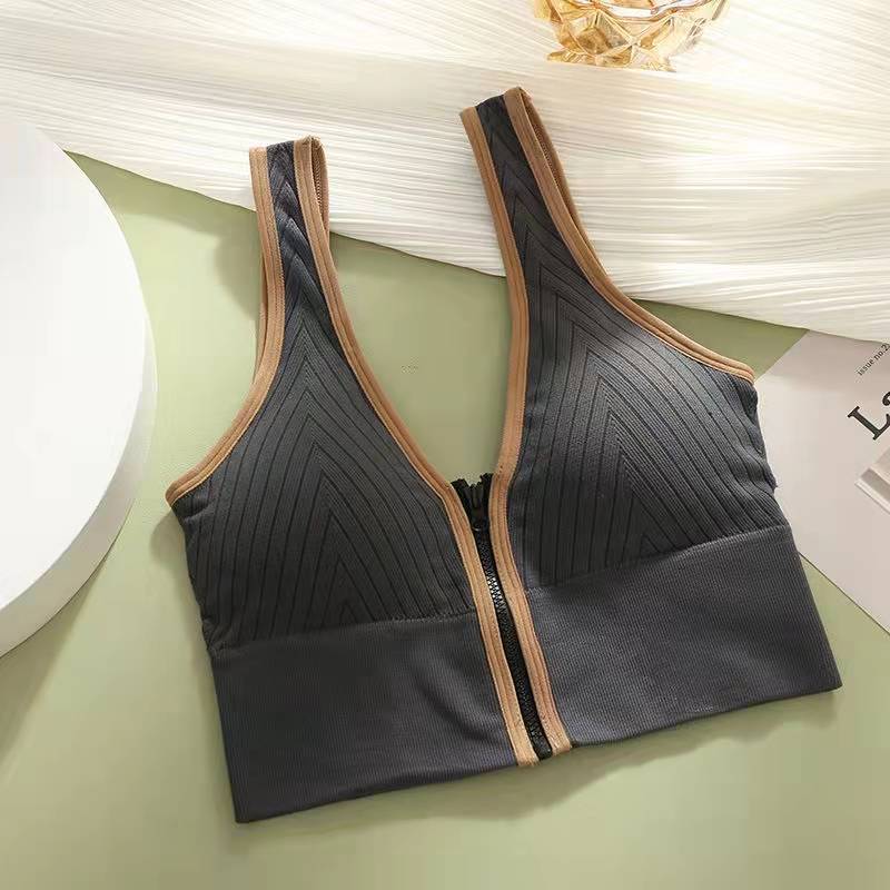Wide shoulder sling vest women's V-neck front zipper tube top sexy underwear big U sports beauty back bra outer wear