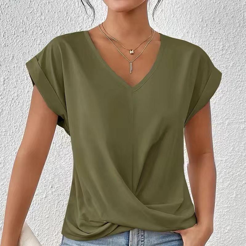 Women's Solid Color V-neck T-shirt Elegant Short-sleeved Blouse Spring and Summer Casual Women's Clothing