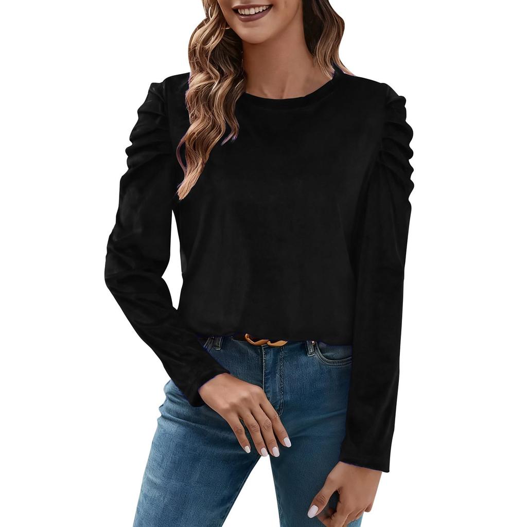 Women's Velvet Puff Long Sleeve Round Neck Pullover Color Casual Top