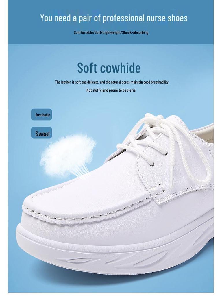 Women's Genuine Leather Lace-up Nurse Shoes - Soft Sole, Non-slip, Breathable, and Comfortable for Hospital Work