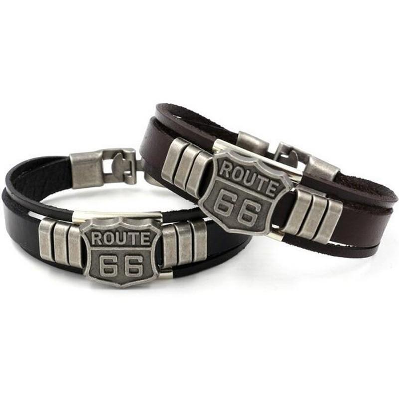 Trendy American Route 66 Printed Pattern Bracelet Men's Bracelet Metal Multilayer Leather Bracelet Accessories New Party Zircon