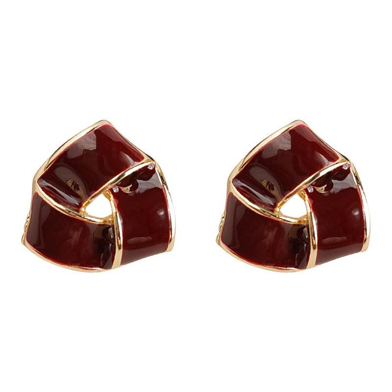 French Vintage Red Geometric Earrings: Retro Style, High-End Luxury Drip Glaze, Unique Niche Design