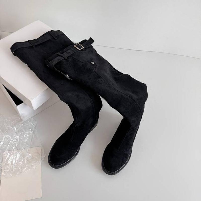 New Versatile Leather Knight Boots Large Size Women's Boots Sleeve Middle Heel Autumn and Winter Round Head Large Tube Circumference Thick Leg Hig