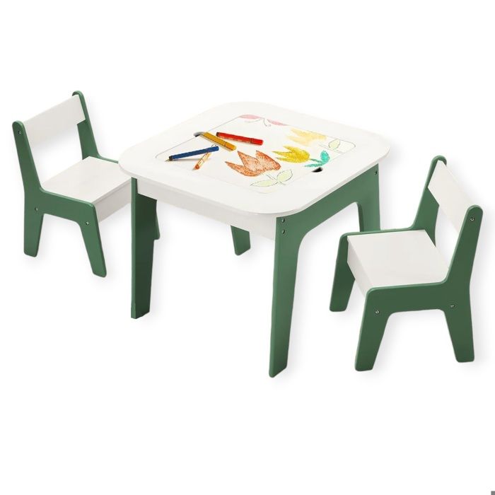 GINGER HOME Kindertisch 4-in-1 mit 2 Stühlen – Wendbare Tischplatten, Tafel & Blöcke Typ LEGO – Design WALD