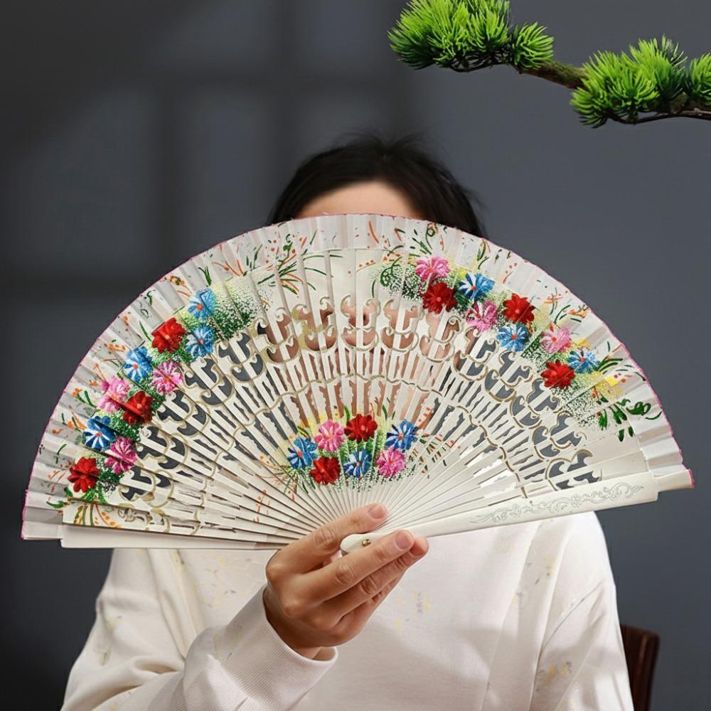 Colorful Hand Painted Fan Wooden Chinese Vintage Fan Portable Spanish Wood Fan  Home Decor