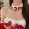 Elegant White Plush Choker with Bow & Bell - Women's Winter Necklace