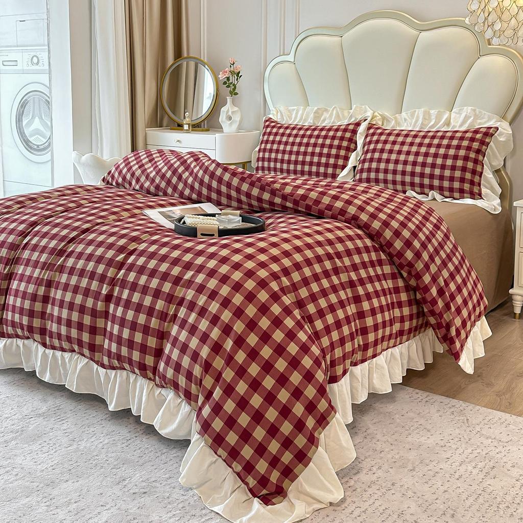 Retro Lace Washed Cotton 4-Piece French Bedding Set: Bed Sheet, Duvet Cover, Fitted Sheet - 2026 Design for Dormitory Style