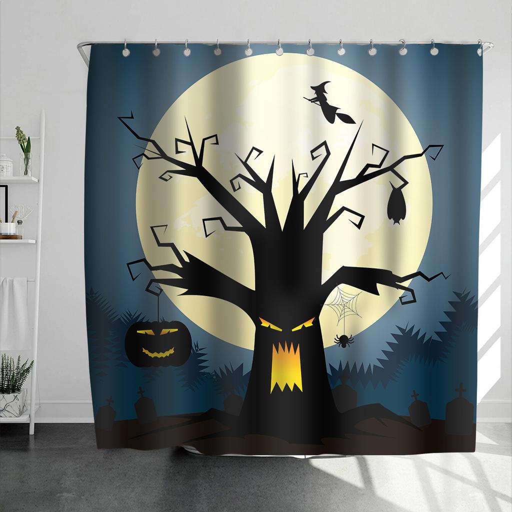 Horrific Shower Curtains Halloween 3D Print Fabric Pastel Waterproof Bathroom Curtain Pumpkin Bat Print Home Decor with Hooks