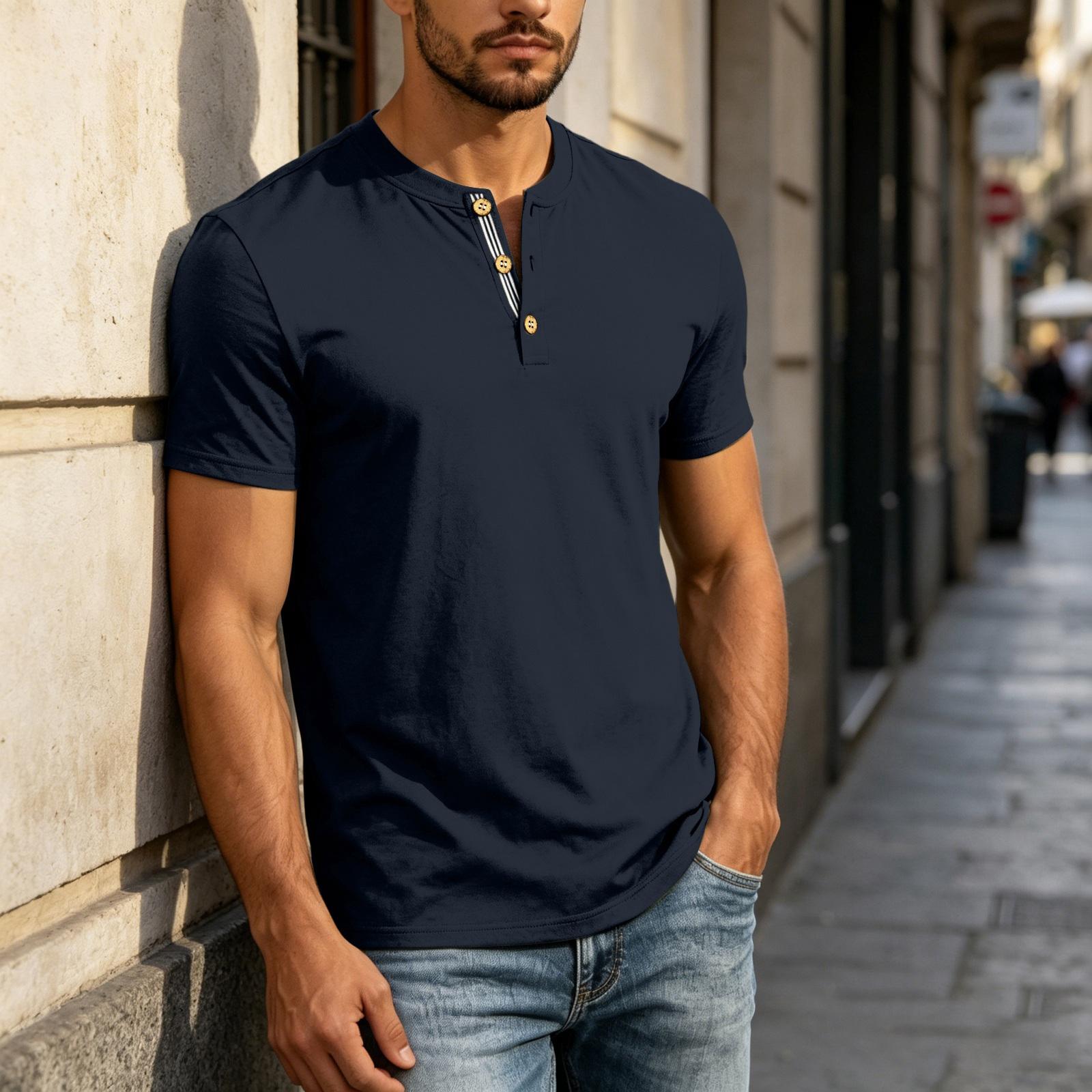 

Men s Henley Shirt Short Sleeve Casual Button Front T-Shirt Lightweight Soft Fabric Summer Top XL тёмно-синий
