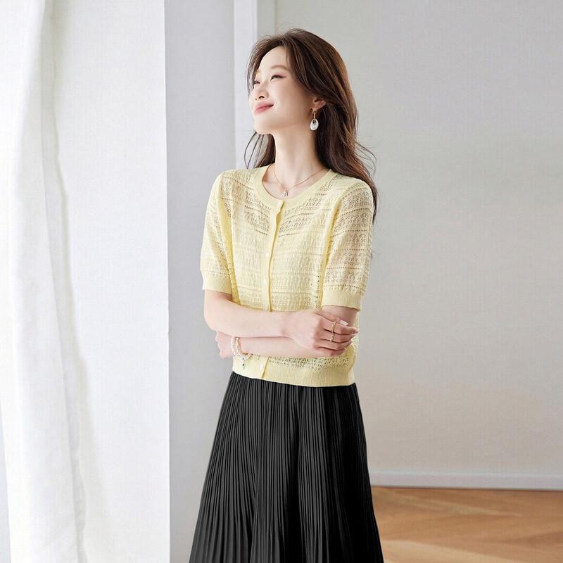 Srcr Women's Mulberry Silk Blend Thin Hollow Knit Short-Sleeve Cardigan