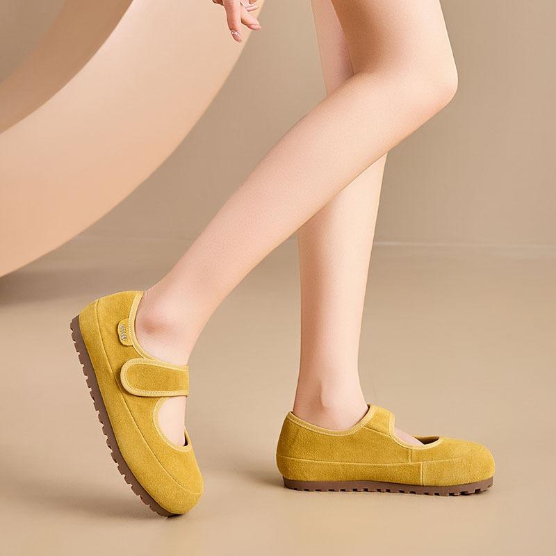 Mary Jane women's shoes spring new comfortable matte leather leather cute Velcro light mouth yellow shoes