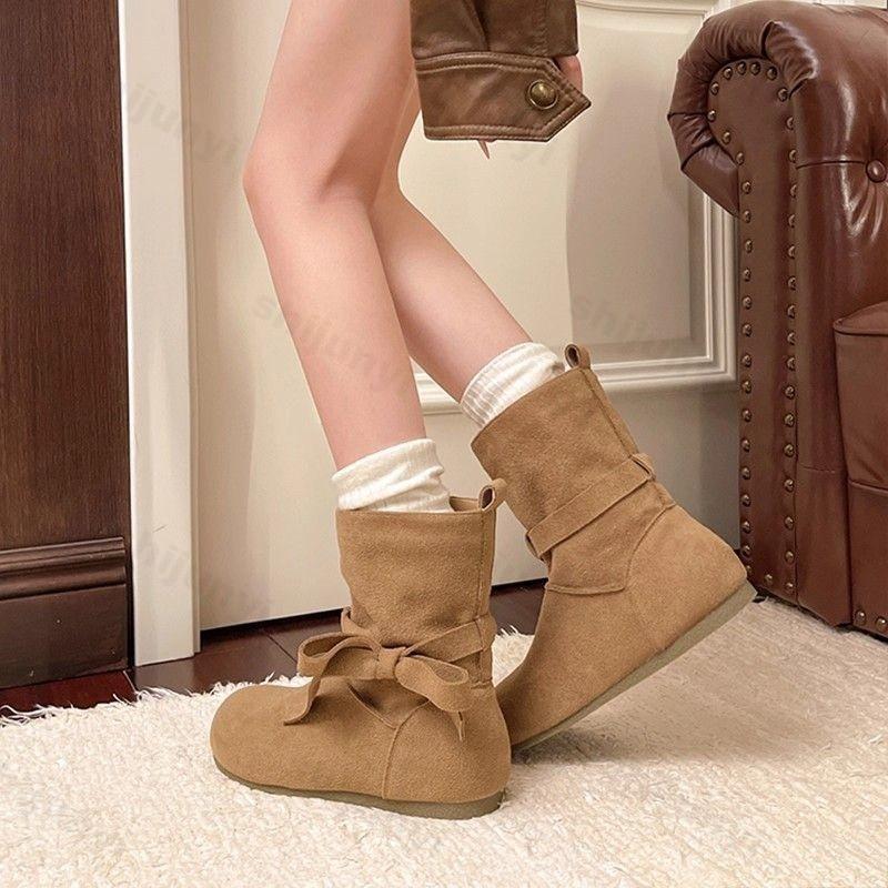 Women Suede Short Boots  Autumn Winter New Vintage Lace Up Bow Knot Fashion Boots Comfortable Outdoor Non Slip Casual Flats