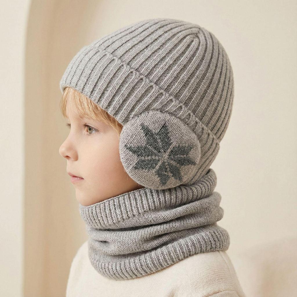 Children's Winter Snowflake Earmuffs and Scarf Set - Fleece-Lined, Thick Knit for Outdoor Cycling