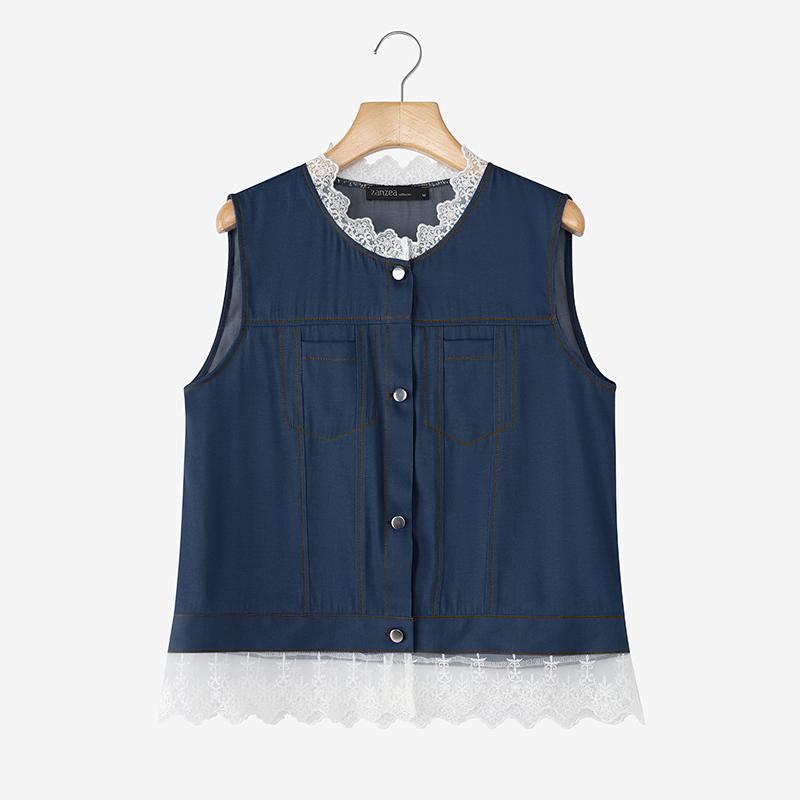 ZANZEA Women Casual Lace Splice Summer Round Neck Sleeveless Tank Tops