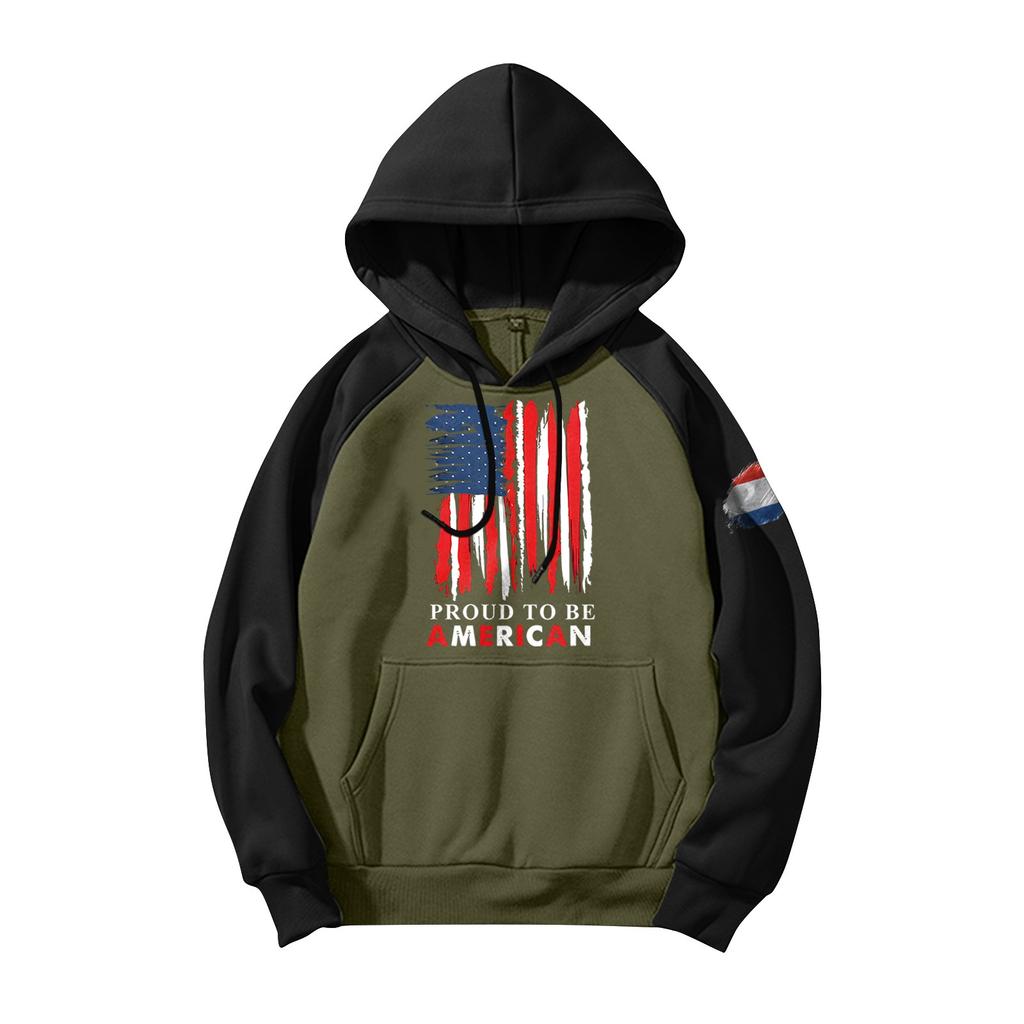 Men's Casual Hooded Drawstring Long Flag Print Sweatshirt With Pockets