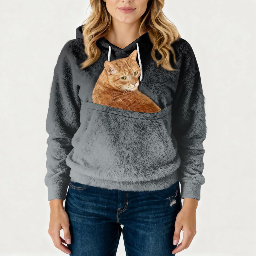 Damen Modisches Lässiges Fleecegefüttertes Langarm-Taschen-Kapuzen-Sweatshirt mit Aufdruck