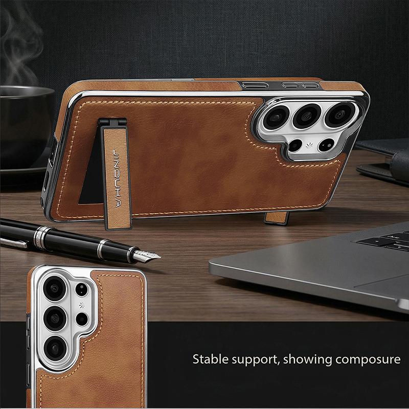 Premium Vintage Leather Case for Samsung Galaxy S26 Ultra S25+Plus S24 with Kickstand Holder Business Stylish Plating Frame