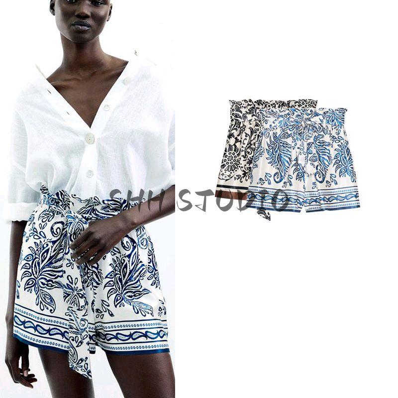 Summer Women's Clothing Ruched Decorative High Waist Silk Satin Texture Calico Paper Bag Casual Shorts 1165040