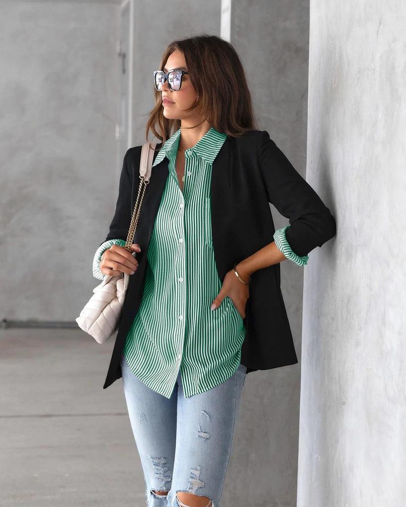 European and American Women's Spring 2025 Striped Long Sleeve Loose Cardigan Top