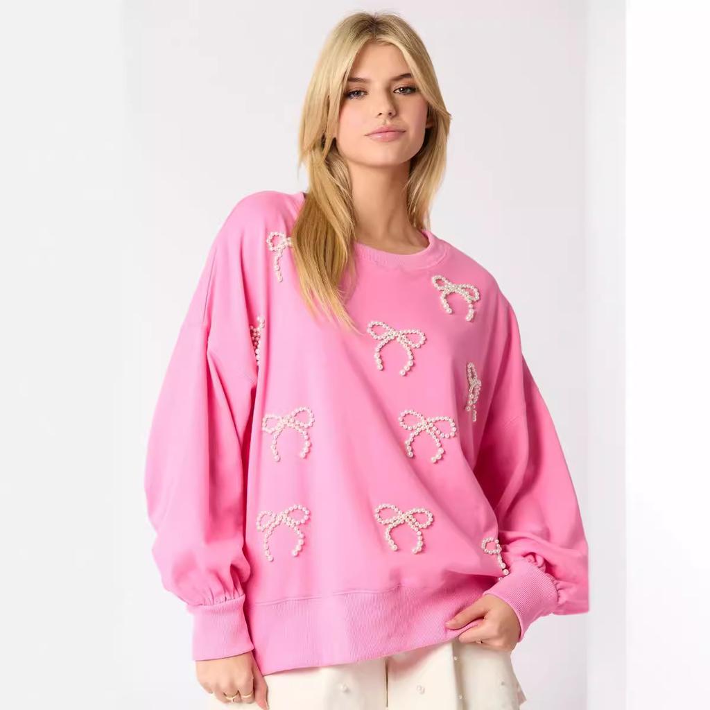 Autumn and Winter New Women's Clothing Pearl Bow Decorative Long-sleeved Top Casual Sweater