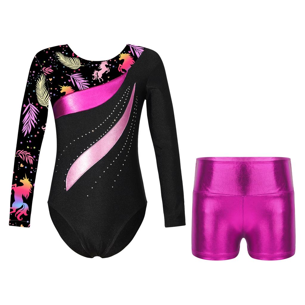 Girls Dance Set Long Sleeve Leotard Shiny Rhinestones Printed Patchwork Design Metallic High Waist Shorts