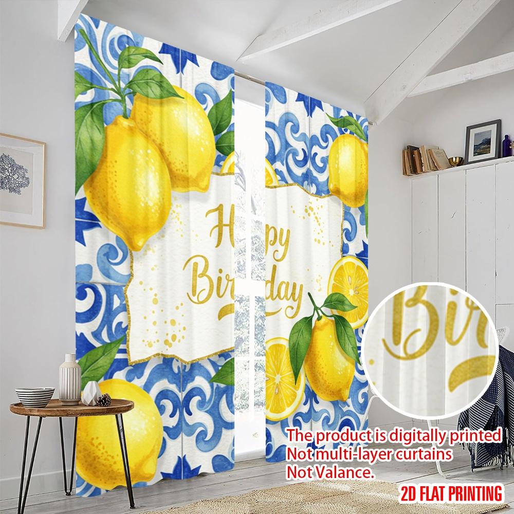 2pcs 2D flat printing Window Drapes Happy Birthday Lemons Polyester Without Electricity 0 for Classroom Office
