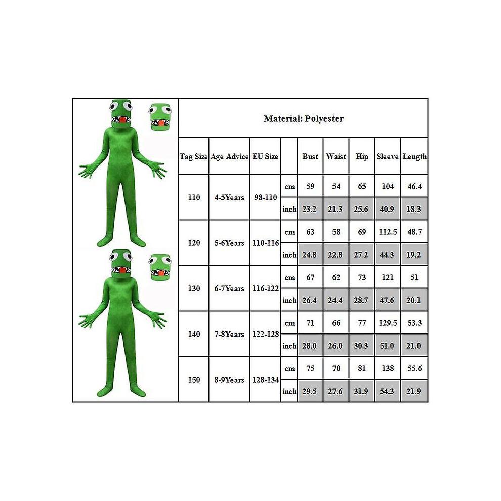 (8-9 Jahre) Halloween Rainbow Friends Roblox Spiel Grünes Kleines Monster Kostüm Overall Kinder Cosplay Enganliegendes Kostüm